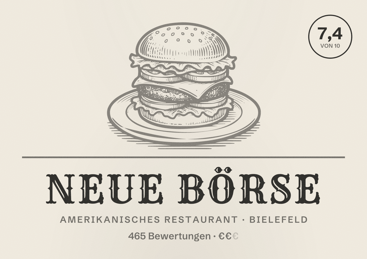 Illustriertes Poster von Neue Börse, Amerikanisches Restaurant in Bielefeld: Bewertung 7,4 von 10 aus 465 Bewertungen, Preisniveau €€