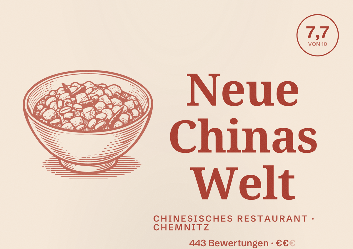Illustriertes Poster von Neue Chinas Welt, Chinesisches Restaurant in Chemnitz: Bewertung 7,7 von 10 aus 443 Bewertungen, Preisniveau €€