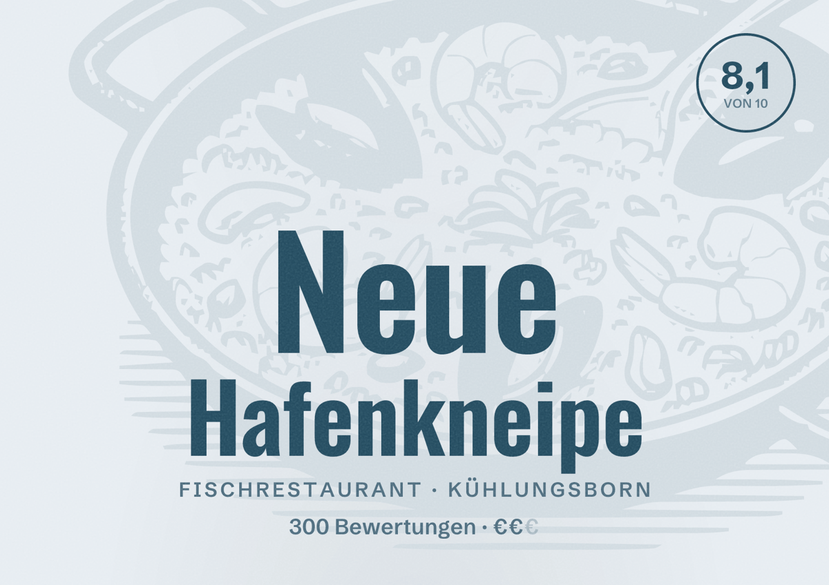 Illustriertes Poster von Neue Hafenkneipe, Fischrestaurant in Kühlungsborn: Bewertung 8,1 von 10 aus 300 Bewertungen, Preisniveau €€