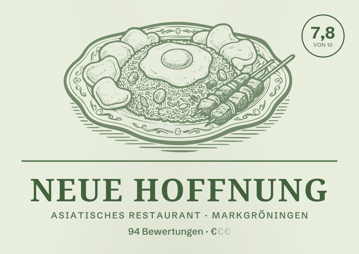 Illustriertes Poster von Neue Hoffnung, Asiatisches Restaurant in Markgröningen: Bewertung 7,8 von 10 aus 94 Bewertungen, Preisniveau €