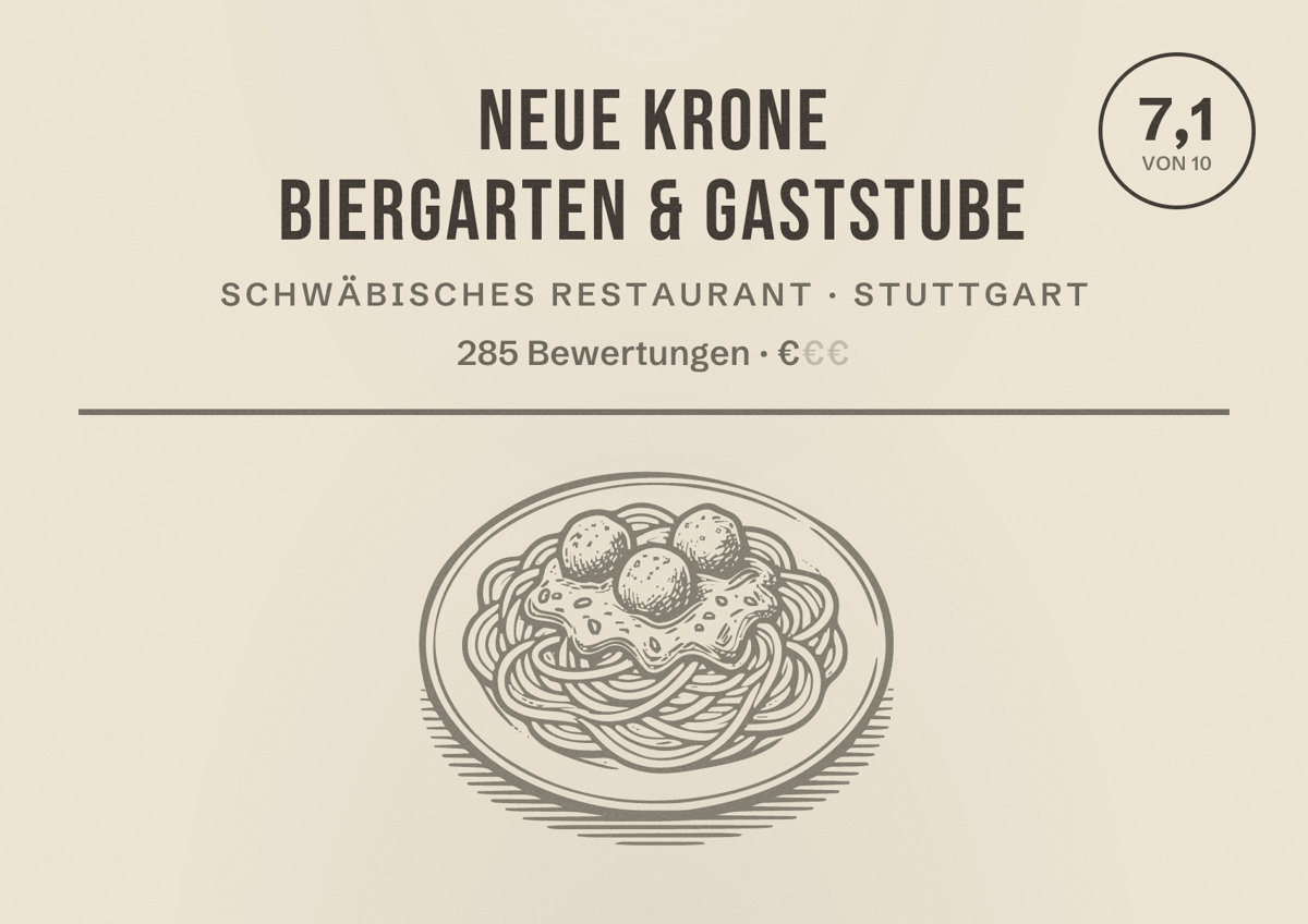 Illustriertes Poster von Neue Krone Biergarten & Gaststube, Schwäbisches Restaurant in Stuttgart: Bewertung 7,1 von 10 aus 285 Bewertungen, Preisniveau €