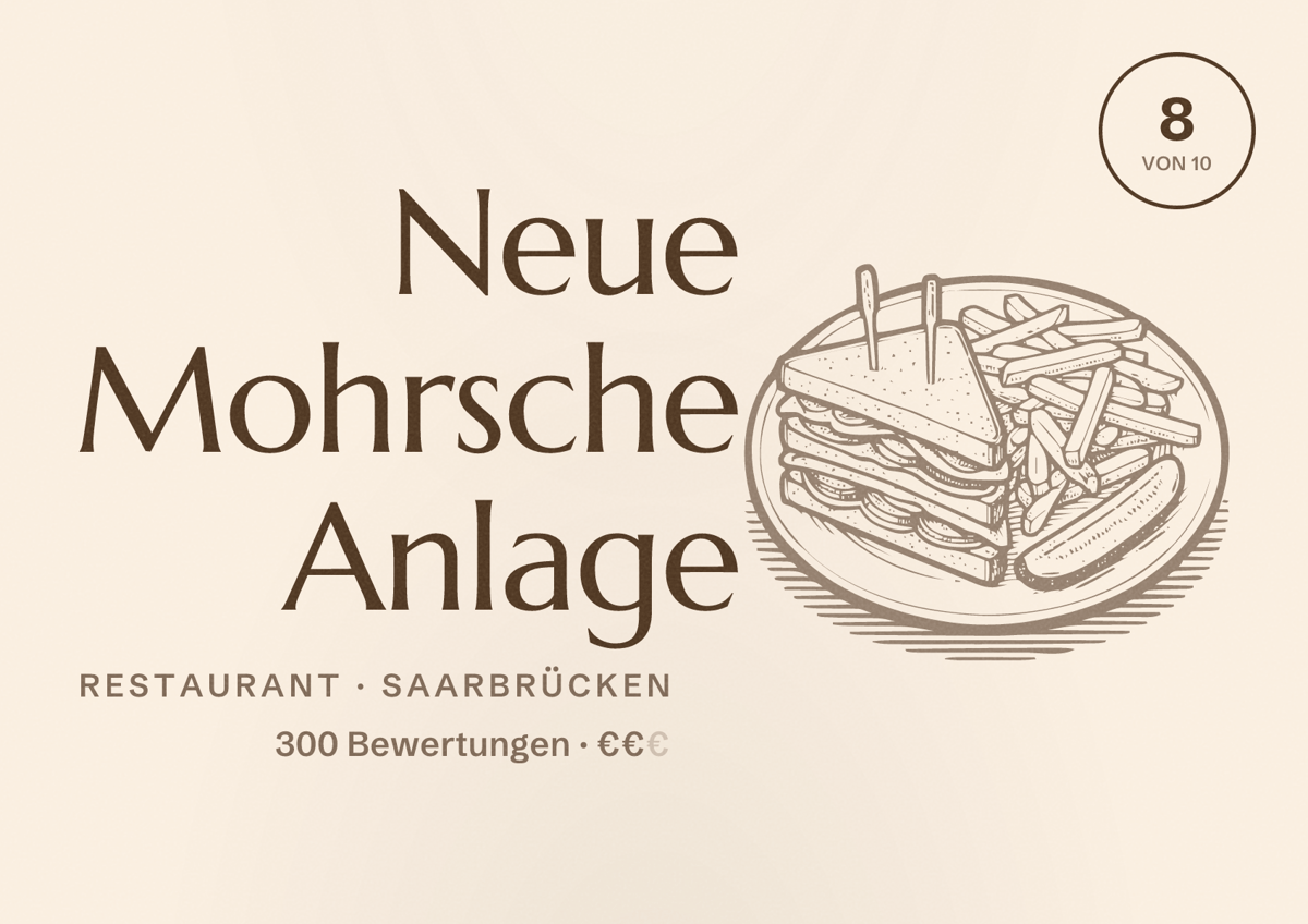 Illustriertes Poster von Neue Mohrsche Anlage, Restaurant in Saarbrücken: Bewertung 8,0 von 10 aus 300 Bewertungen, Preisniveau €€