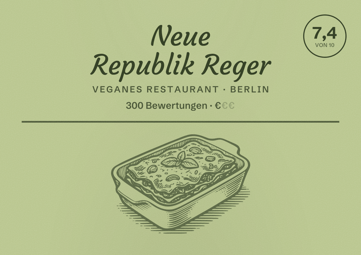 Illustriertes Poster von Neue Republik Reger, Veganes Restaurant in Berlin: Bewertung 7,4 von 10 aus 300 Bewertungen, Preisniveau €