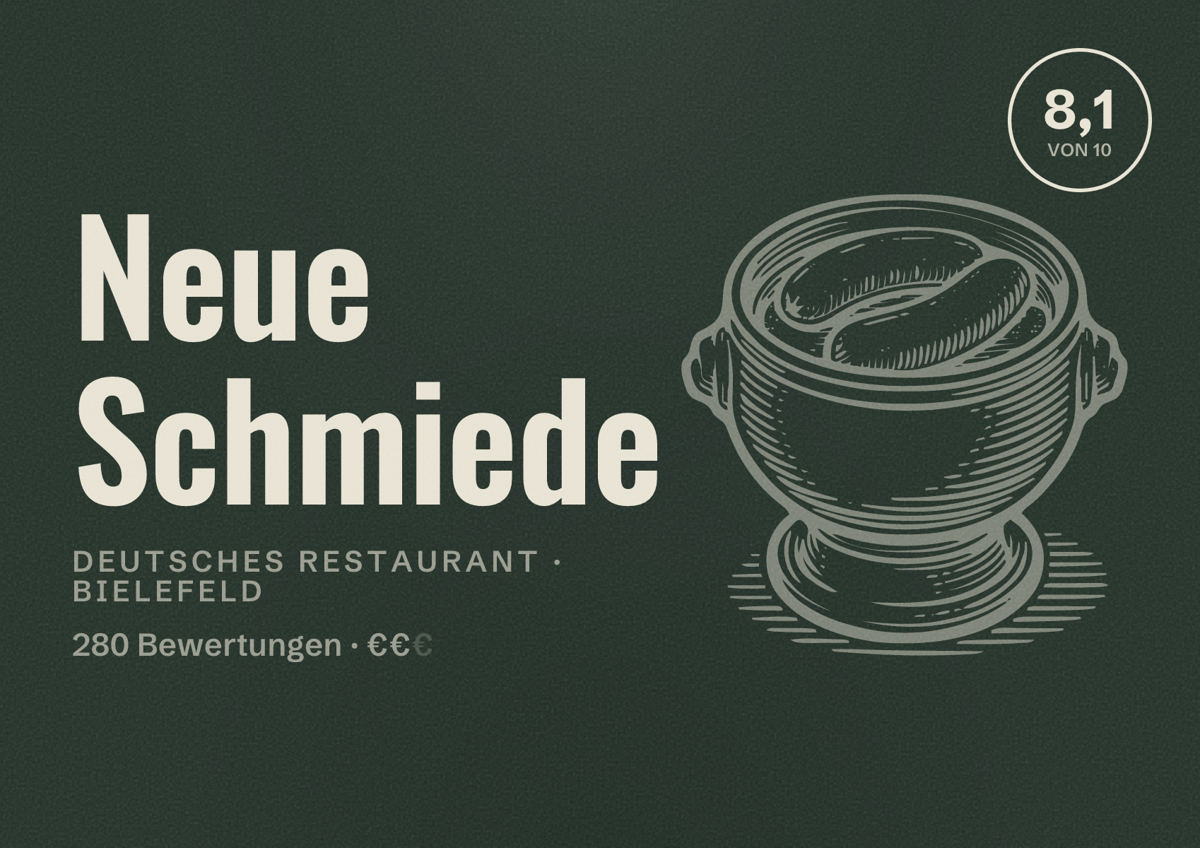 Illustriertes Poster von Neue Schmiede, Deutsches Restaurant in Bielefeld: Bewertung 8,1 von 10 aus 280 Bewertungen, Preisniveau €€