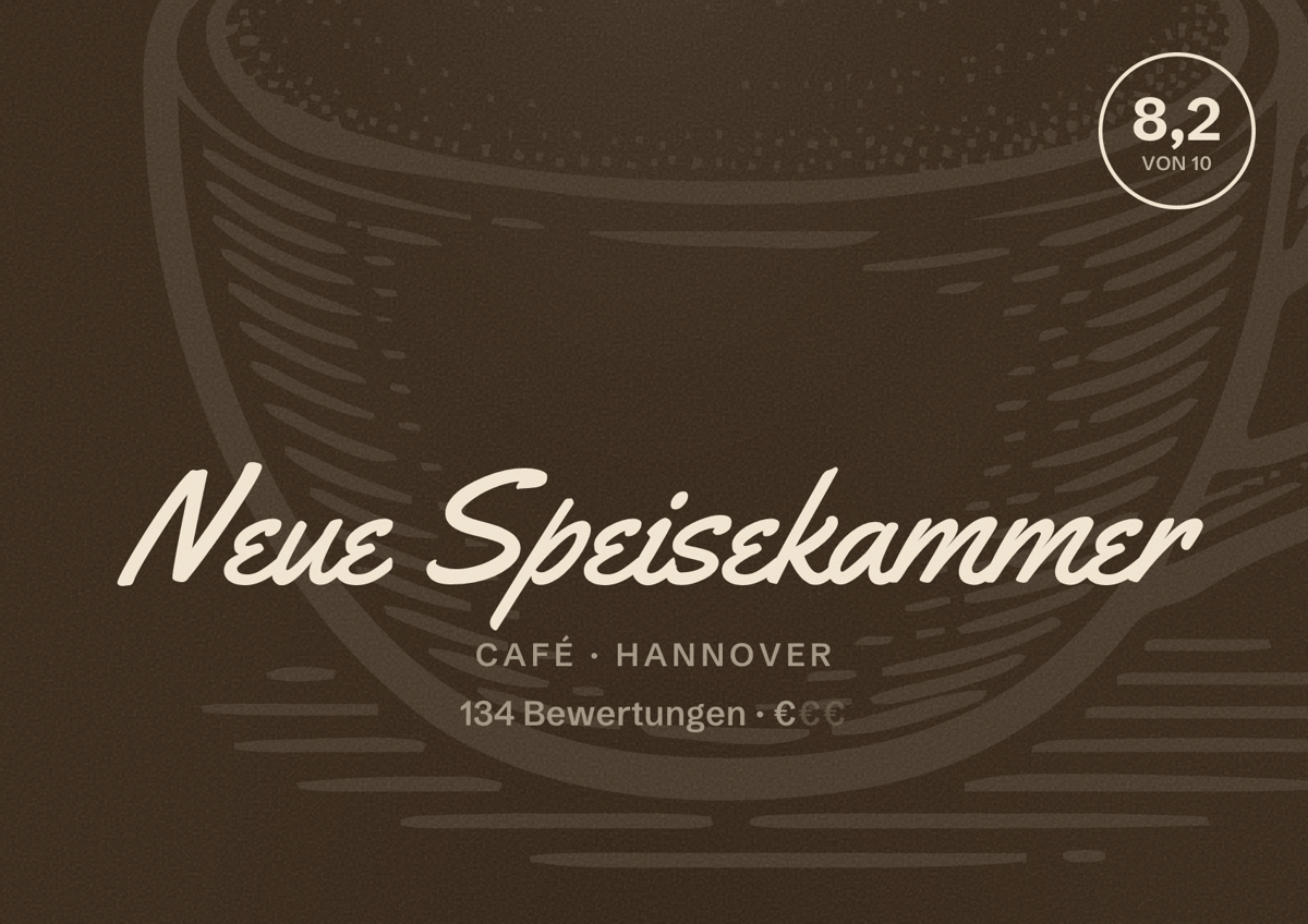 Illustriertes Poster von Neue Speisekammer, Café in Hannover: Bewertung 8,2 von 10 aus 134 Bewertungen, Preisniveau €