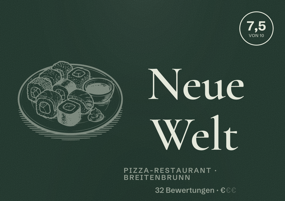 Illustriertes Poster von Neue Welt, Pizza-Restaurant in Breitenbrunn: Bewertung 7,5 von 10 aus 32 Bewertungen, Preisniveau €