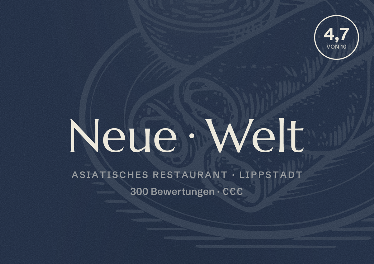 Illustriertes Poster von Neue Welt, Asiatisches Restaurant in Lippstadt: Bewertung 4,7 von 10 aus 300 Bewertungen, Preisniveau €€€