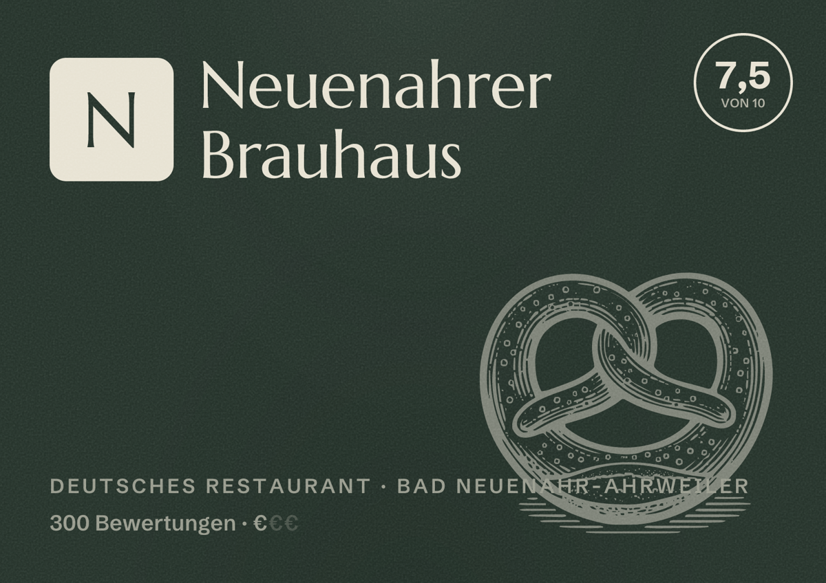 Illustriertes Poster von Neuenahrer Brauhaus, Deutsches Restaurant in Bad Neuenahr-Ahrweiler: Bewertung 7,5 von 10 aus 300 Bewertungen, Preisniveau €