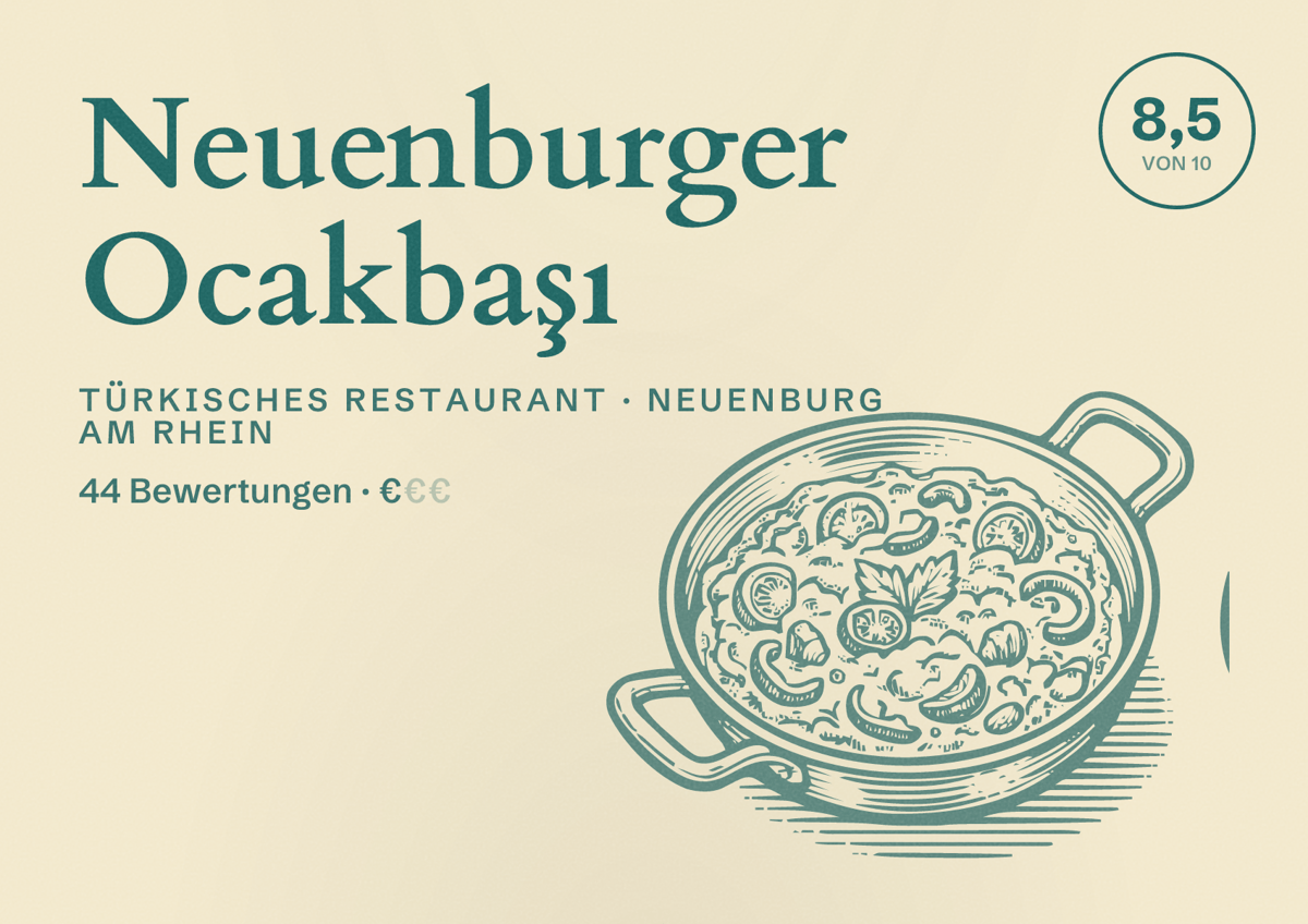 Illustriertes Poster von Neuenburger Ocakbaşı, Türkisches Restaurant in Neuenburg am Rhein: Bewertung 8,5 von 10 aus 44 Bewertungen, Preisniveau €
