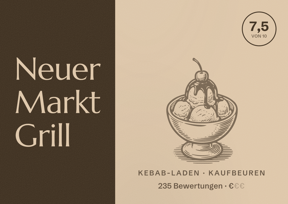Illustriertes Poster von Neuer Markt Grill, Kebab-Laden in Kaufbeuren: Bewertung 7,5 von 10 aus 235 Bewertungen, Preisniveau €