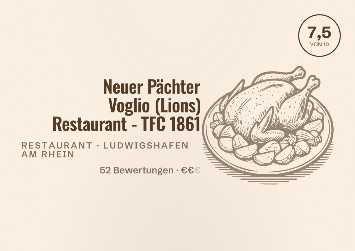 Illustriertes Poster von Neuer Pächter Voglio (Lions) Restaurant - TFC 1861, Restaurant in Ludwigshafen am Rhein: Bewertung 7,5 von 10 aus 52 Bewertungen, Preisniveau €€
