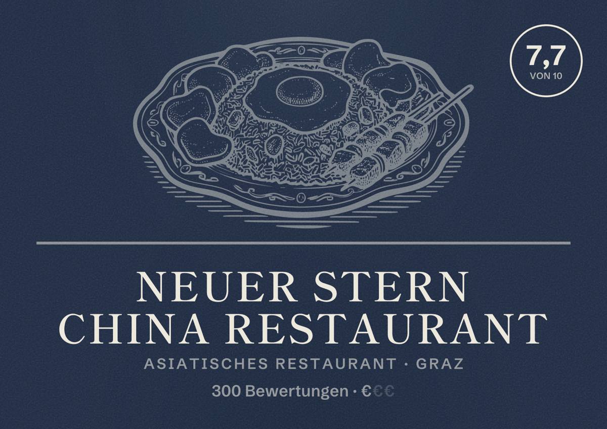Illustriertes Poster von Neuer Stern China Restaurant, Asiatisches Restaurant in Graz: Bewertung 7,7 von 10 aus 300 Bewertungen, Preisniveau €
