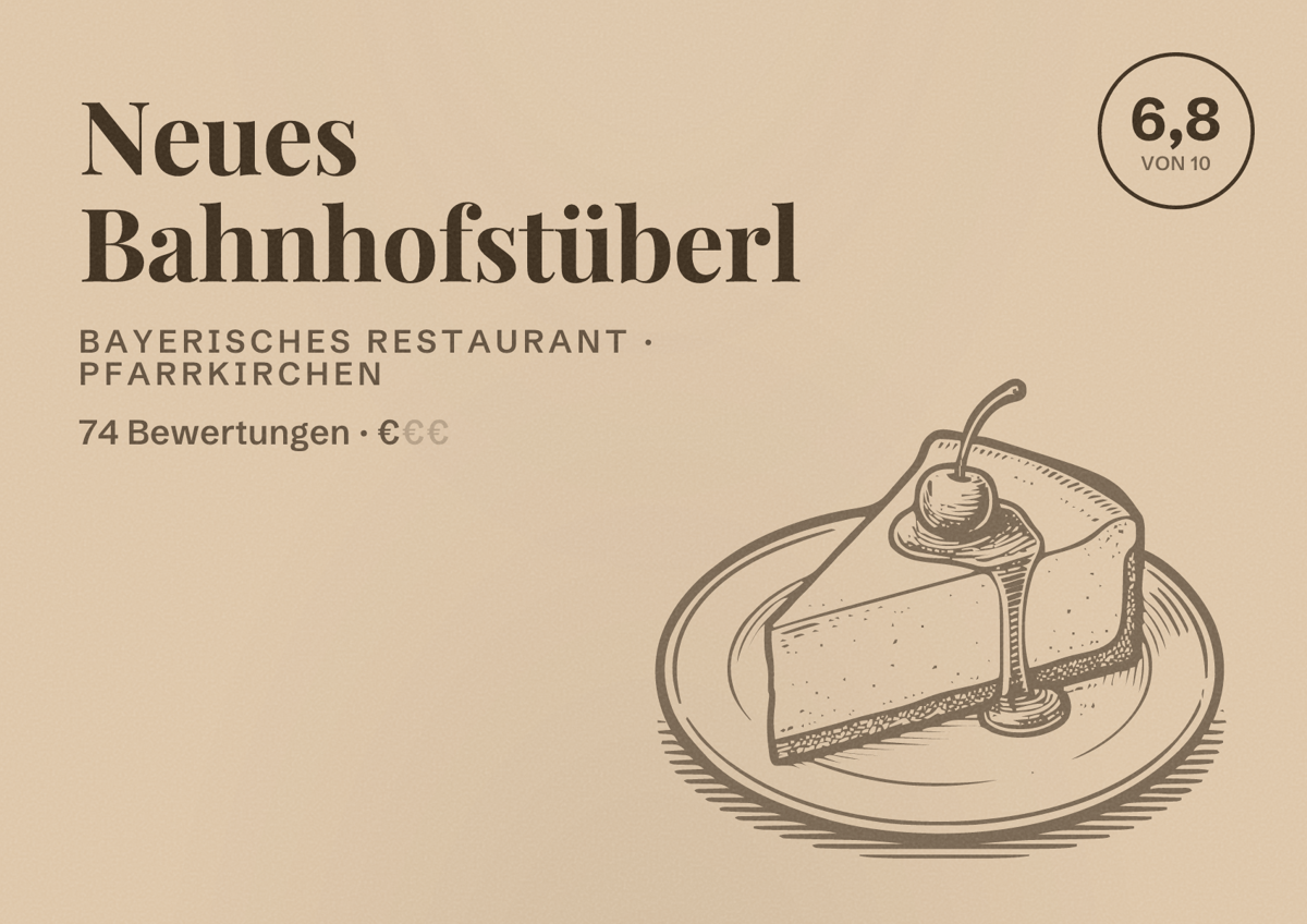 Illustriertes Poster von Neues Bahnhofstüberl, Bayerisches Restaurant in Pfarrkirchen: Bewertung 6,8 von 10 aus 74 Bewertungen, Preisniveau €