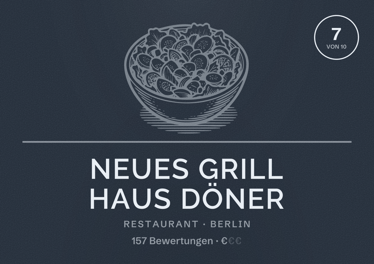 Illustriertes Poster von Neues Grill Haus Döner, Restaurant in Berlin: Bewertung 7,0 von 10 aus 157 Bewertungen, Preisniveau €