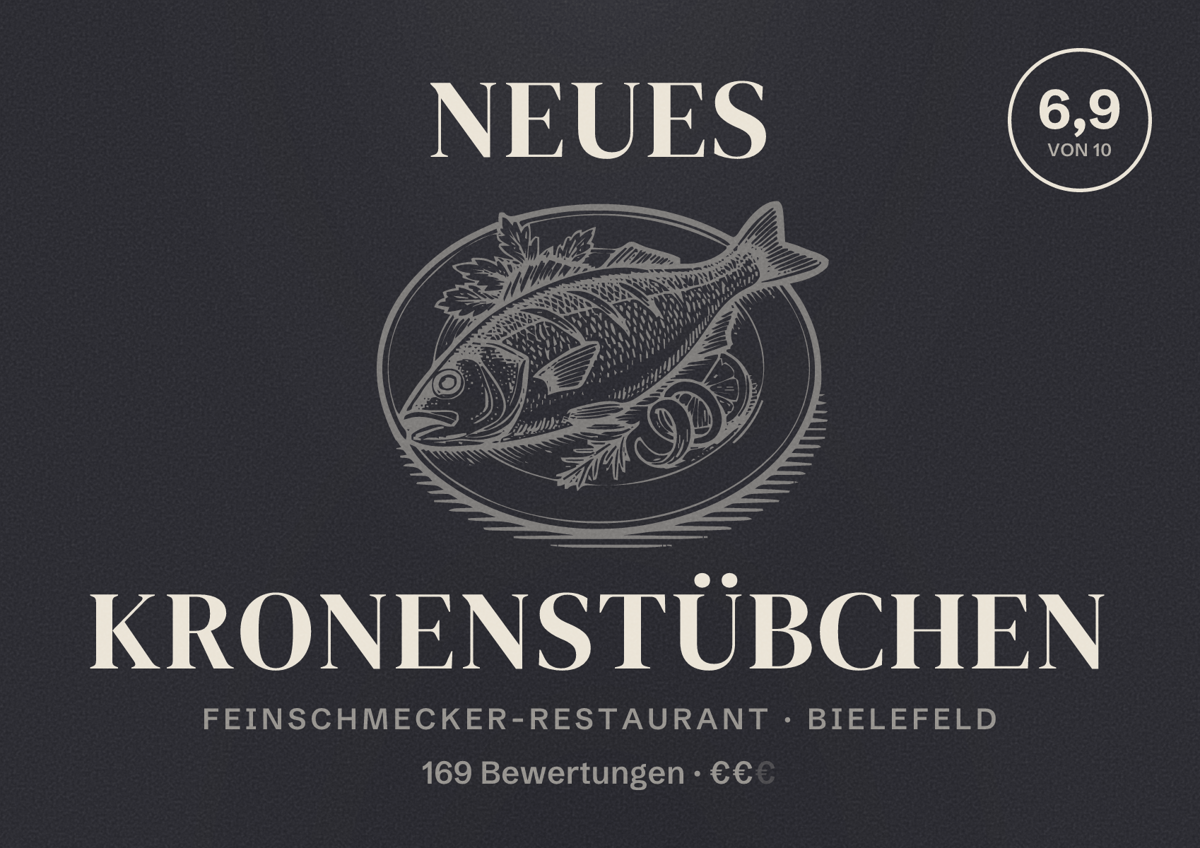 Illustriertes Poster von Neues Kronenstübchen, Feinschmecker-Restaurant in Bielefeld: Bewertung 6,9 von 10 aus 169 Bewertungen, Preisniveau €€