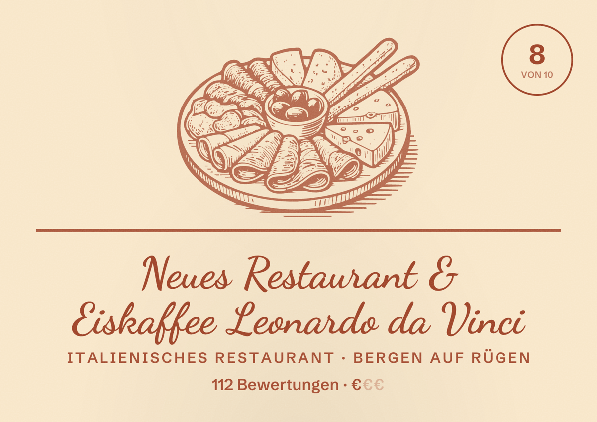 Illustriertes Poster von Neues Restaurant & Eiskaffee Leonardo da Vinci, Italienisches Restaurant in Bergen auf Rügen: Bewertung 8 von 10 aus 112 Bewertungen, Preisniveau €