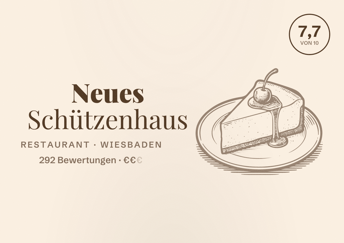 Illustriertes Poster von Neues Schützenhaus, Restaurant in Wiesbaden: Bewertung 7,7 von 10 aus 292 Bewertungen, Preisniveau €€