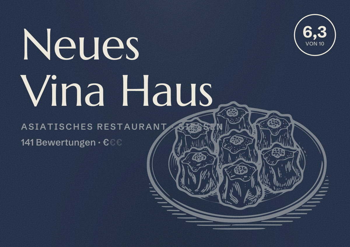 Illustriertes Poster von Neues Vina Haus, Asiatisches Restaurant in Gießen: Bewertung 6,3 von 10 aus 141 Bewertungen, Preisniveau €