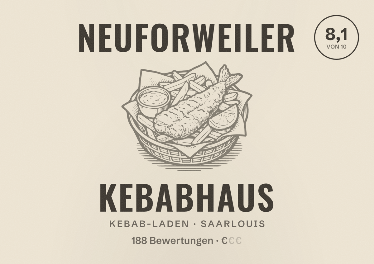 Illustriertes Poster von Neuforweiler Kebabhaus, Kebab-Laden in Saarlouis: Bewertung 8,1 von 10 aus 188 Bewertungen, Preisniveau €