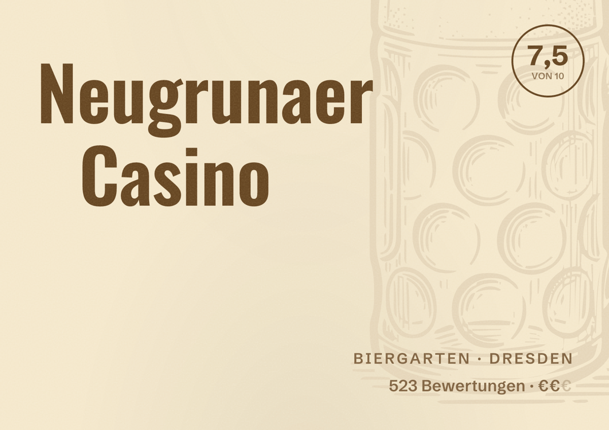 Illustriertes Poster von Neugrunaer Casino, Biergarten in Dresden: Bewertung 7,5 von 10 aus 523 Bewertungen, Preisniveau €€