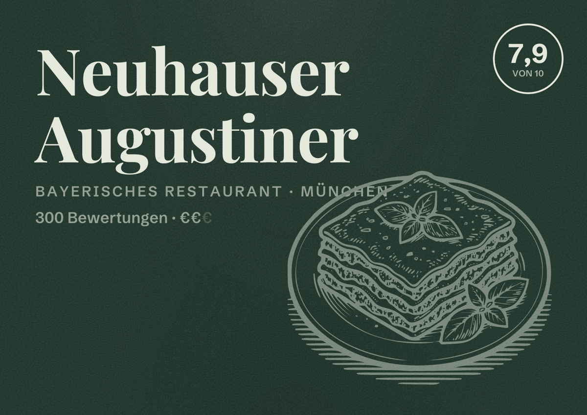 Illustriertes Poster von Neuhauser Augustiner, Bayerisches Restaurant in München: Bewertung 7,9 von 10 aus 300 Bewertungen, Preisniveau €€