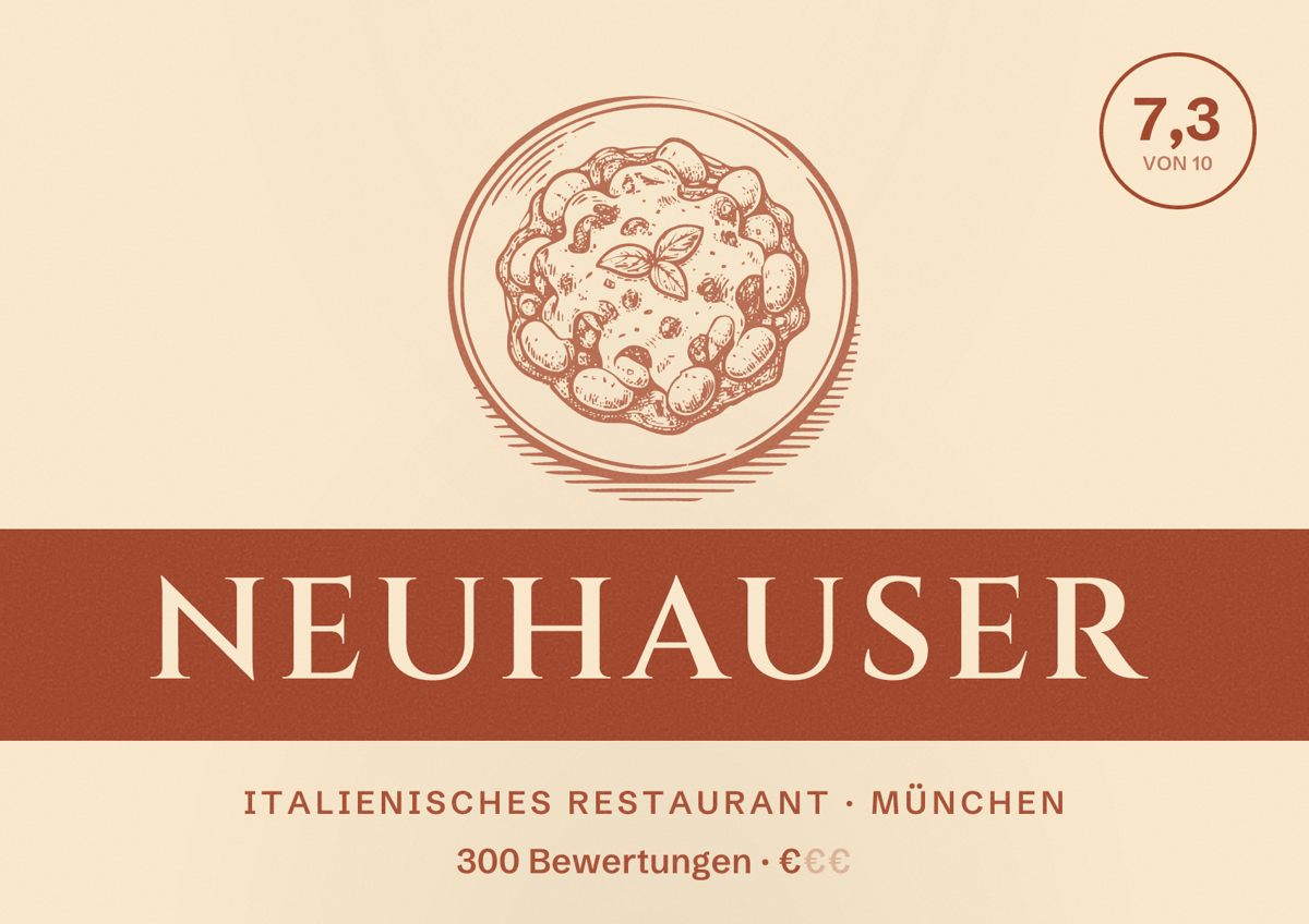 Illustriertes Poster von Neuhauser, Italienisches Restaurant in München: Bewertung 7,3 von 10 aus 300 Bewertungen, Preisniveau €