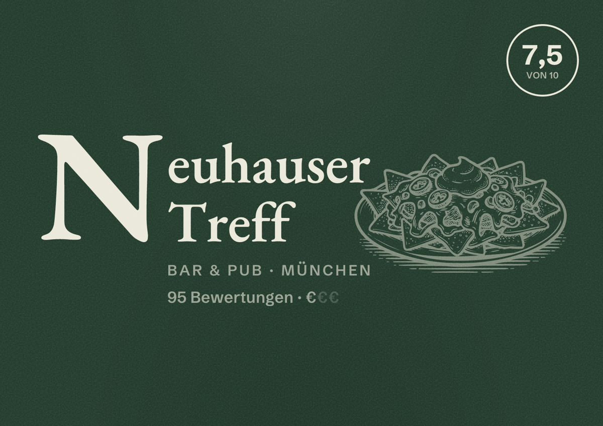 Illustriertes Poster von Neuhauser Treff, Bar & Pub in München: Bewertung 7,5 von 10 aus 95 Bewertungen, Preisniveau €