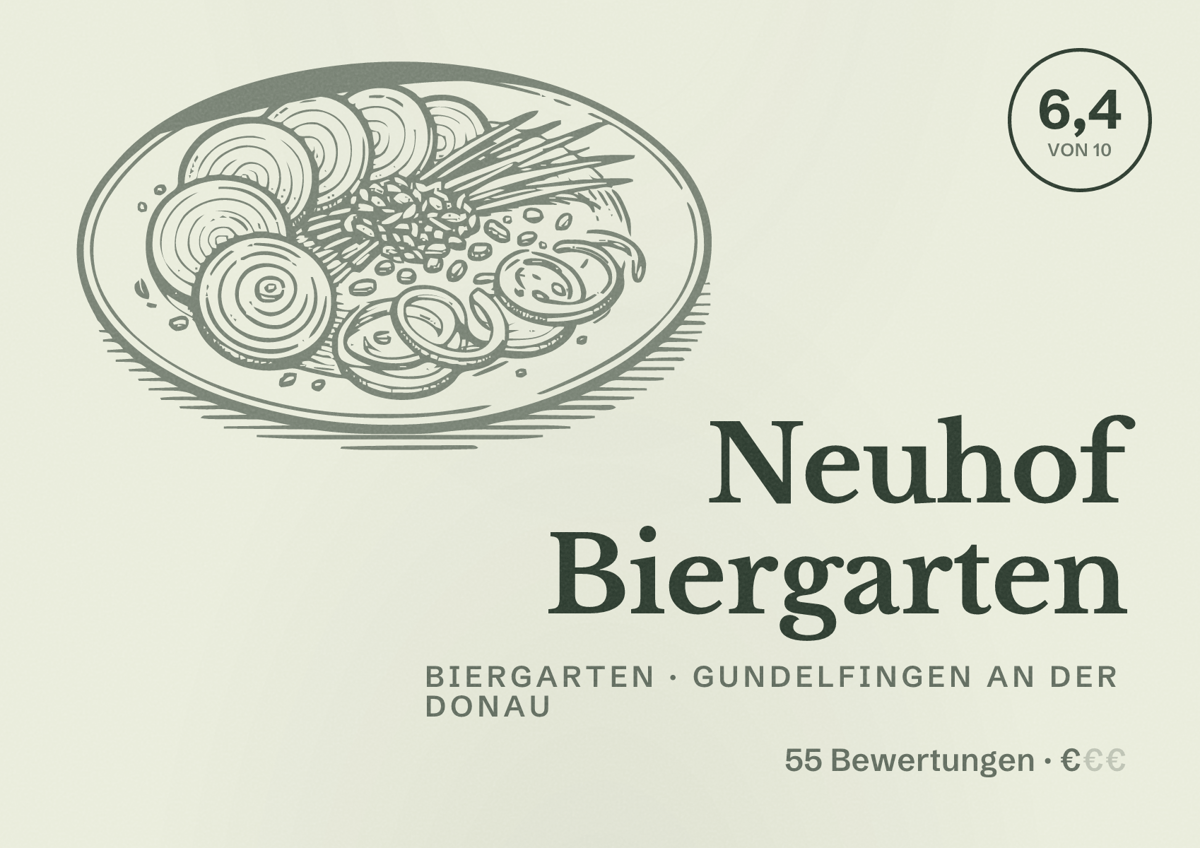 Illustriertes Poster von Neuhof Biergarten, Biergarten in Gundelfingen an der Donau: Bewertung 6,4 von 10 aus 55 Bewertungen, Preisniveau €
