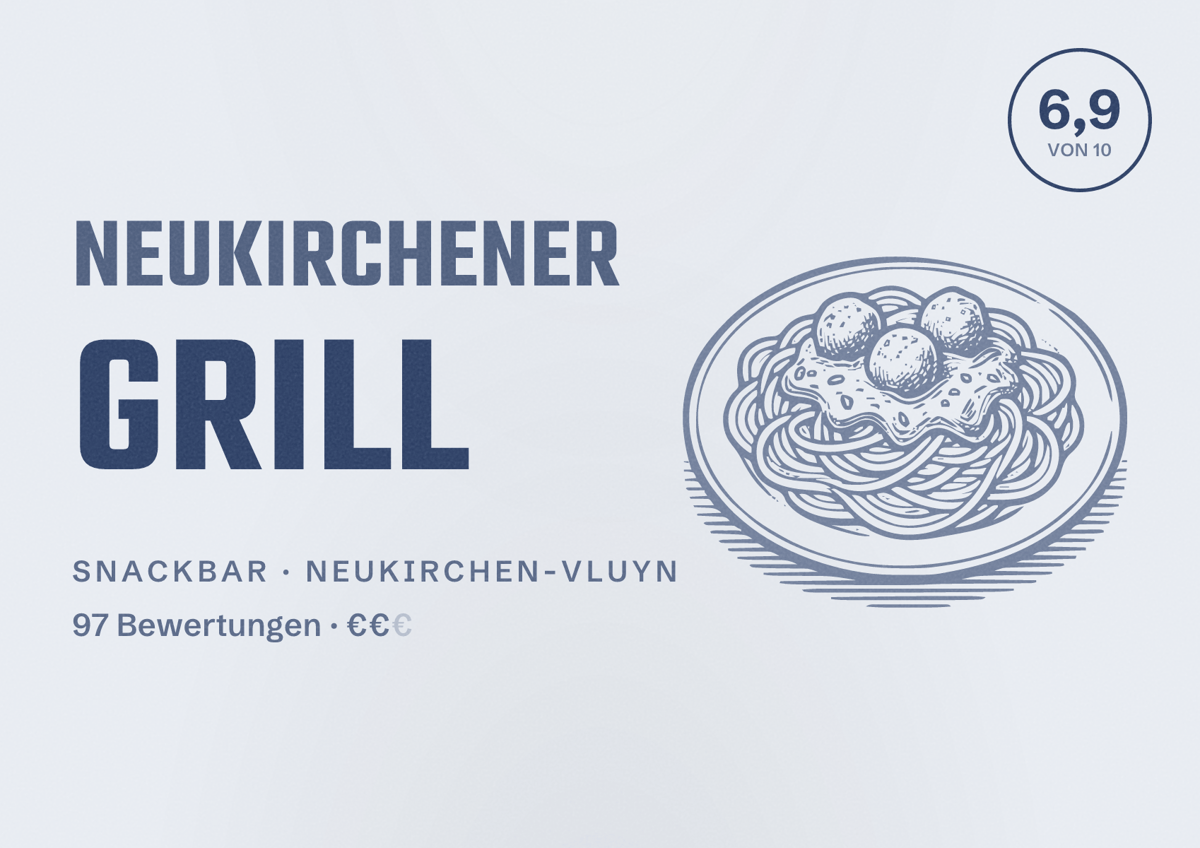 Illustriertes Poster von Neukirchener Grill, Snackbar in Neukirchen-Vluyn: Bewertung 6,9 von 10 aus 97 Bewertungen, Preisniveau €€