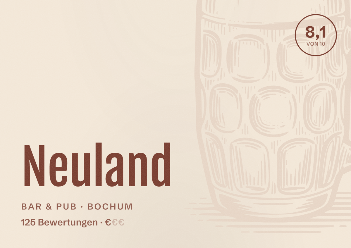 Illustriertes Poster von Neuland, Bar & Pub in Bochum: Bewertung 8,1 von 10 aus 125 Bewertungen, Preisniveau €