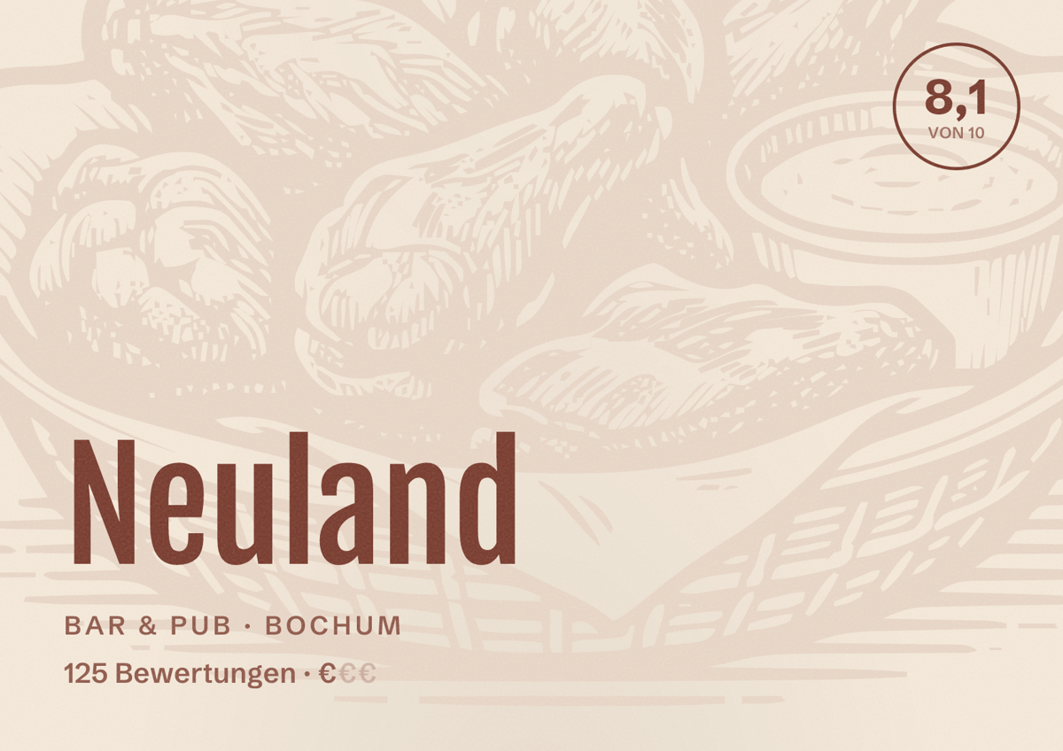 Illustriertes Poster von Neuland, Bar & Pub in Bochum: Bewertung 8,1 von 10 aus 125 Bewertungen, Preisniveau €