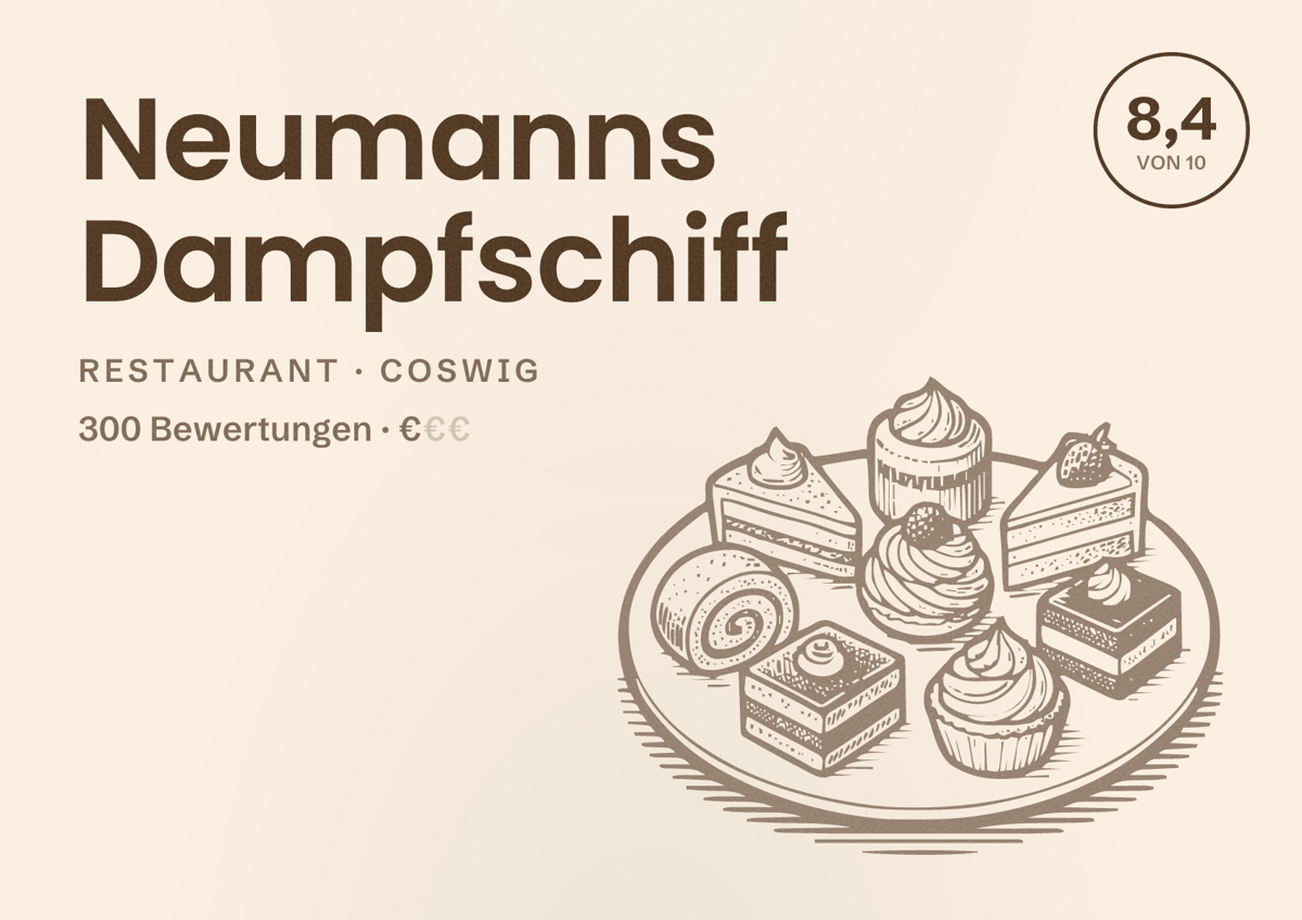 Illustriertes Poster von Neumanns Dampfschiff, Restaurant in Coswig: Bewertung 8,4 von 10 aus 300 Bewertungen, Preisniveau €