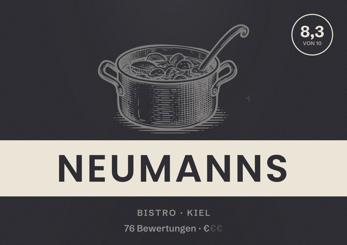 Illustriertes Poster von Neumanns, Bistro in Kiel: Bewertung 8,3 von 10 aus 76 Bewertungen, Preisniveau €