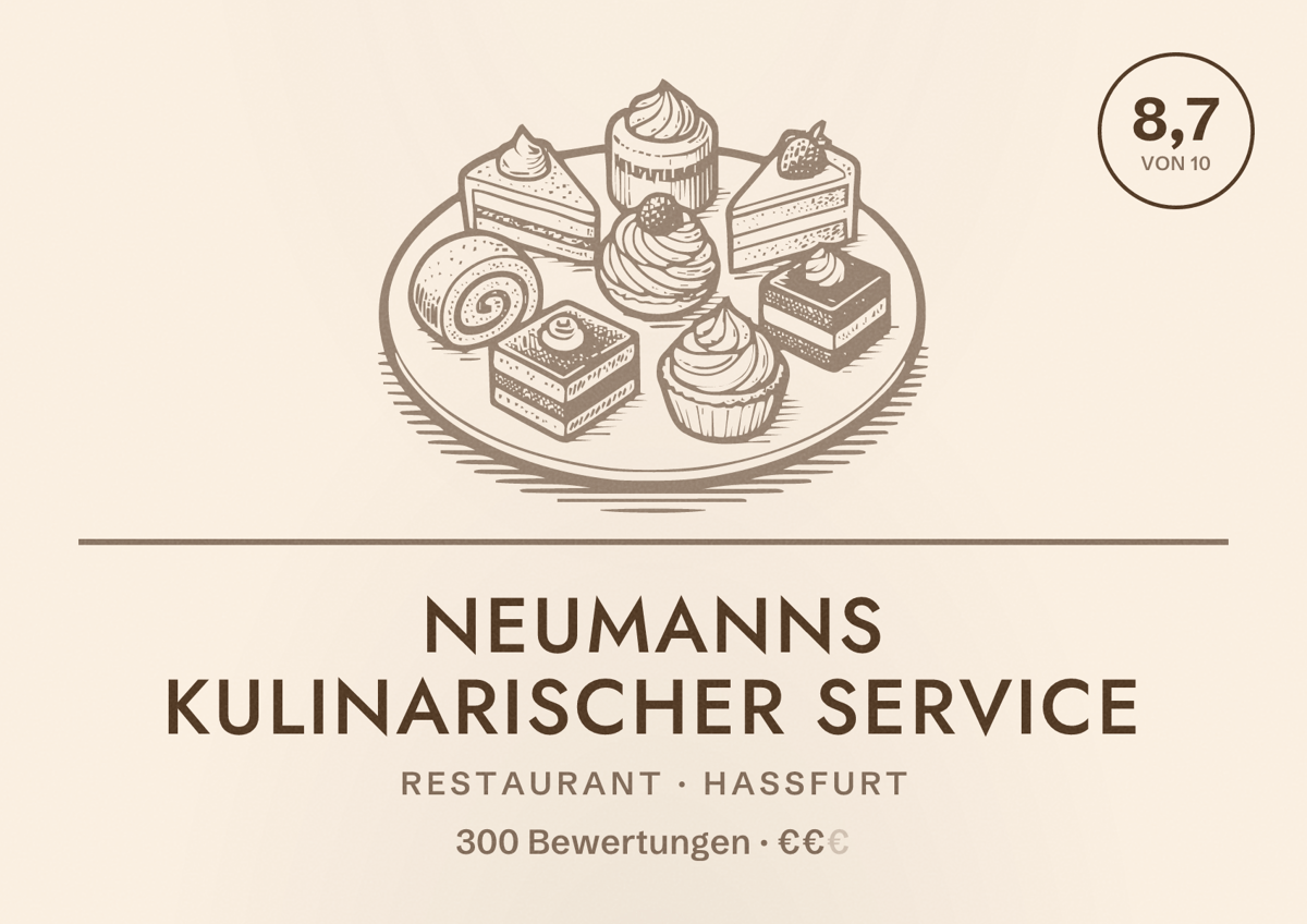 Illustriertes Poster von NEUMANNS kulinarischer service, Restaurant in Haßfurt: Bewertung 8,7 von 10 aus 300 Bewertungen, Preisniveau €€