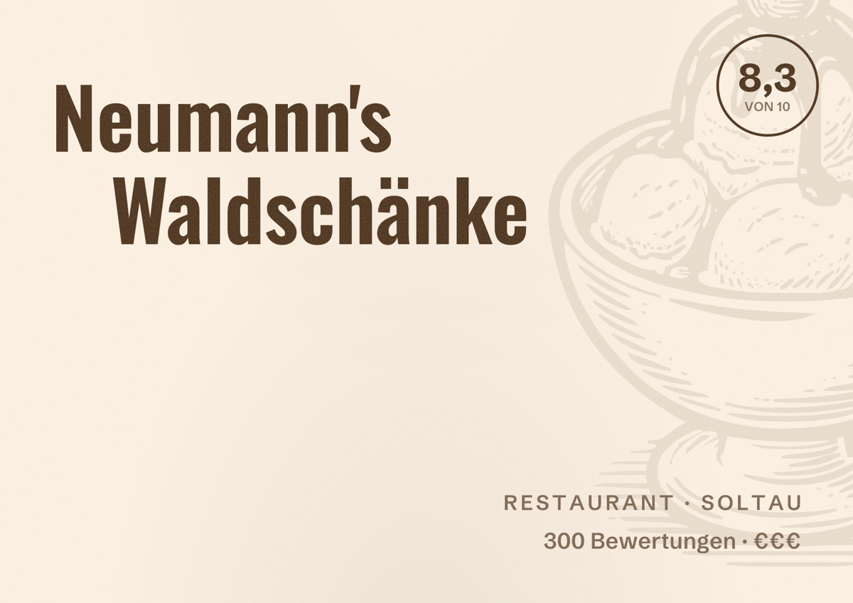 Illustriertes Poster von Neumann's Waldschänke, Restaurant in Soltau: Bewertung 8,3 von 10 aus 300 Bewertungen, Preisniveau €€€
