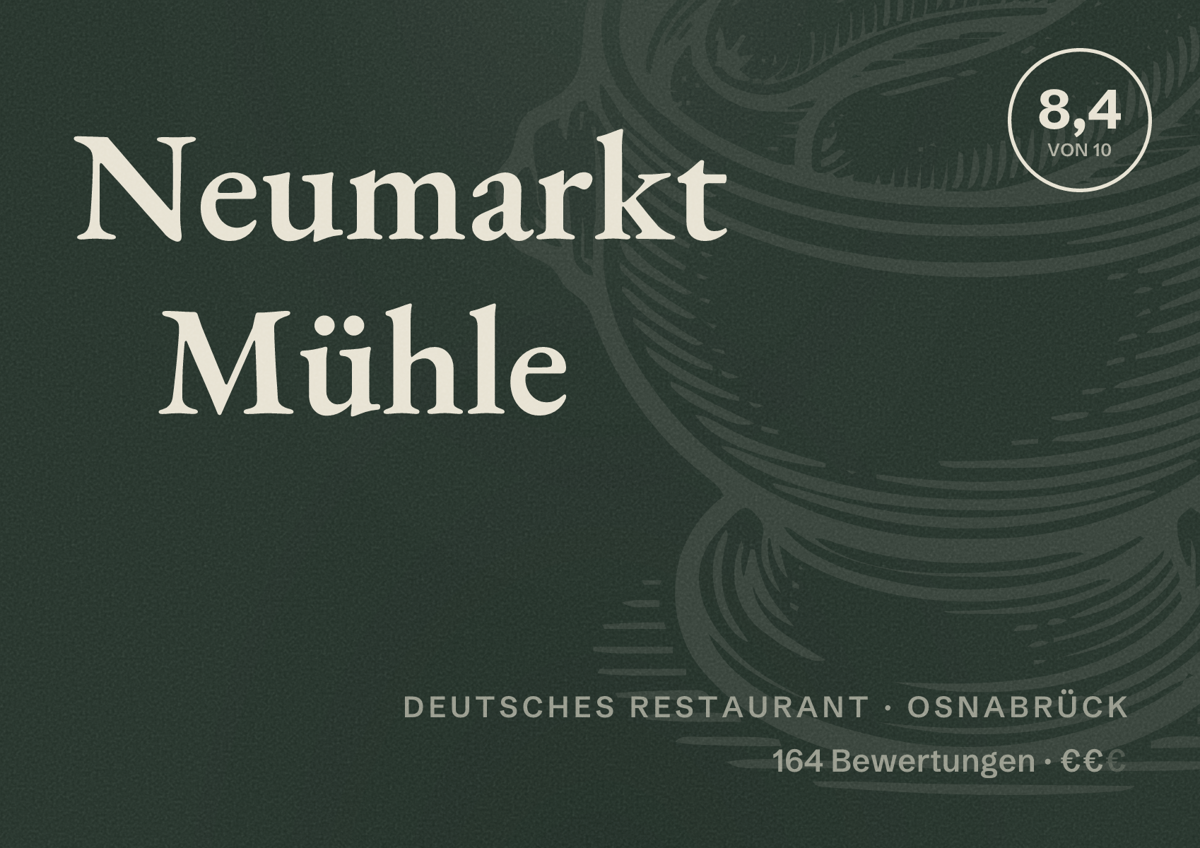 Illustriertes Poster von Neumarkt Mühle, Deutsches Restaurant in Osnabrück: Bewertung 8,4 von 10 aus 164 Bewertungen, Preisniveau €€