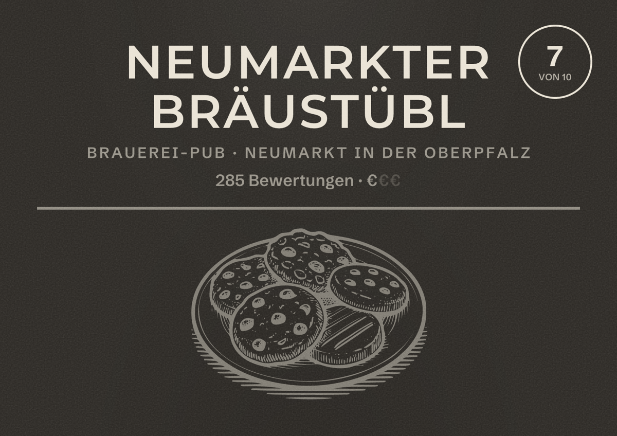 Illustriertes Poster von Neumarkter Bräustübl, Brauerei-Pub in Neumarkt in der Oberpfalz: Bewertung 7 von 10 aus 285 Bewertungen, Preisniveau €