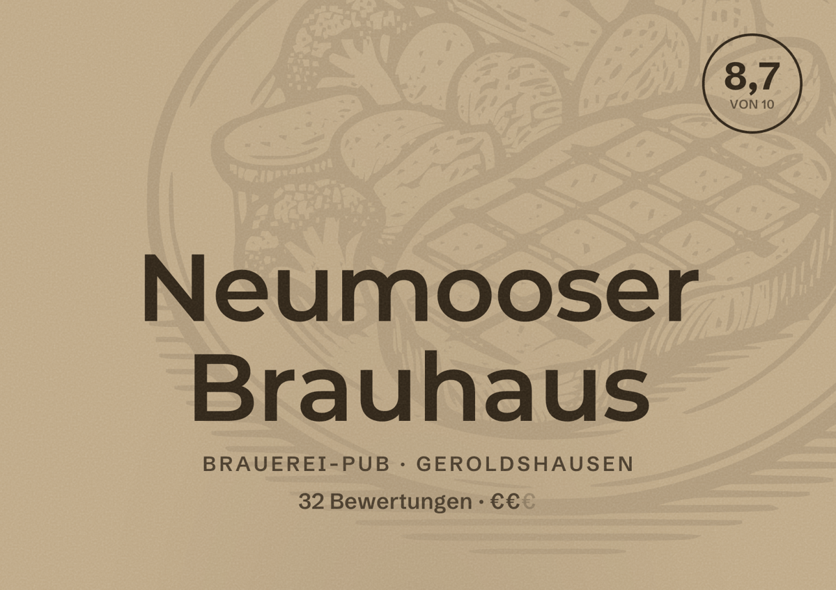 Illustriertes Poster von Neumooser Brauhaus, Brauerei-Pub in Geroldshausen: Bewertung 8,7 von 10 aus 32 Bewertungen, Preisniveau €€