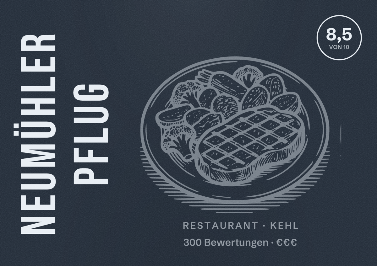 Illustriertes Poster von Neumühler Pflug, Restaurant in Kehl: Bewertung 8,5 von 10 aus 300 Bewertungen, Preisniveau €€€
