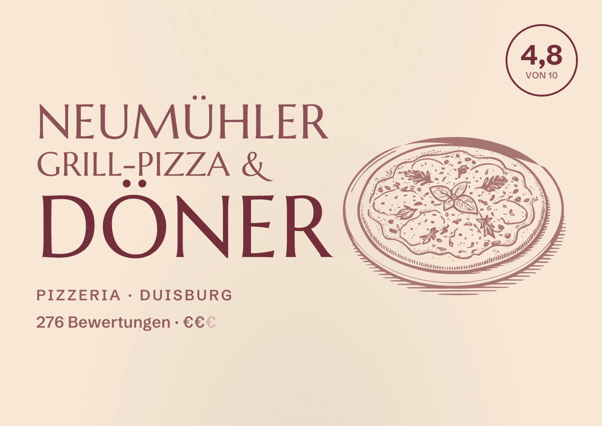 Illustriertes Poster von Neumühler Grill-Pizza & Döner, Pizzeria in Duisburg: Gästebewertung 4,8 von 10 aus 276 Bewertungen