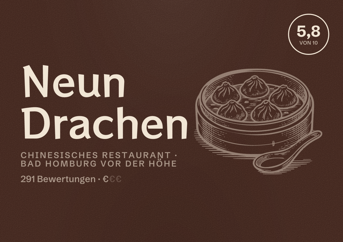 Illustriertes Poster von Neun Drachen, Chinesisches Restaurant in Bad Homburg vor der Höhe: Bewertung 5,8 von 10 aus 291 Bewertungen, Preisniveau €