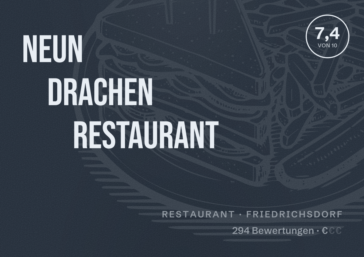 Illustriertes Poster von Neun Drachen Restaurant, Restaurant in Friedrichsdorf: Bewertung 7,4 von 10 aus 294 Bewertungen, Preisniveau €