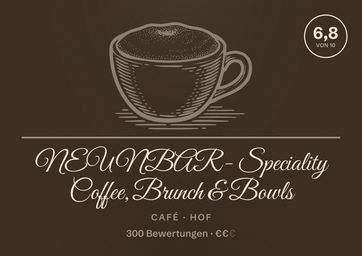 Illustriertes Poster von NEUNBAR - Speciality Coffee, Brunch & Bowls, Café in Hof: Bewertung 6,8 von 10 aus 300 Bewertungen, Preisniveau €€