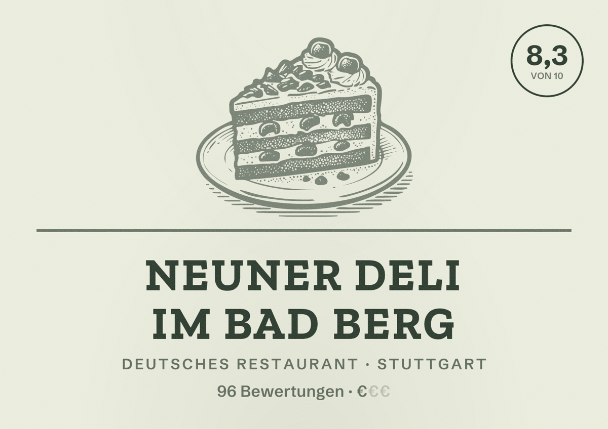 Illustriertes Poster von Neuner Deli im Bad Berg, Deutsches Restaurant in Stuttgart: Bewertung 8,3 von 10 aus 96 Bewertungen, Preisniveau €
