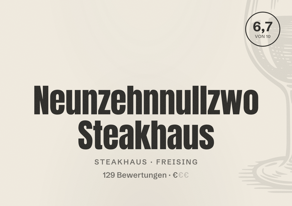 Illustriertes Poster von Neunzehnnullzwo Steakhaus, Steakhaus in Freising: Bewertung 6,7 von 10 aus 129 Bewertungen, Preisniveau €