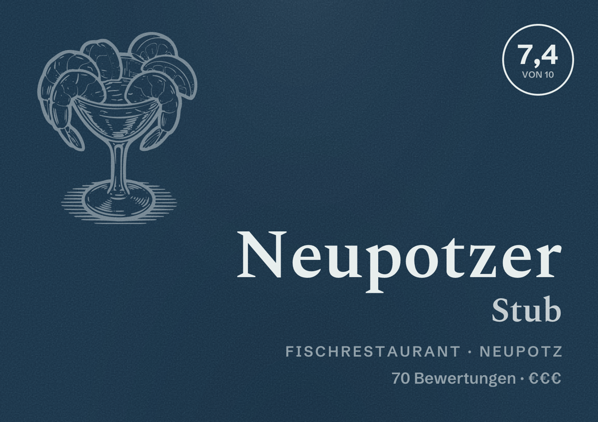 Illustriertes Poster von Neupotzer Stub, Fischrestaurant in Neupotz: Bewertung 7,4 von 10 aus 70 Bewertungen, Preisniveau €€€