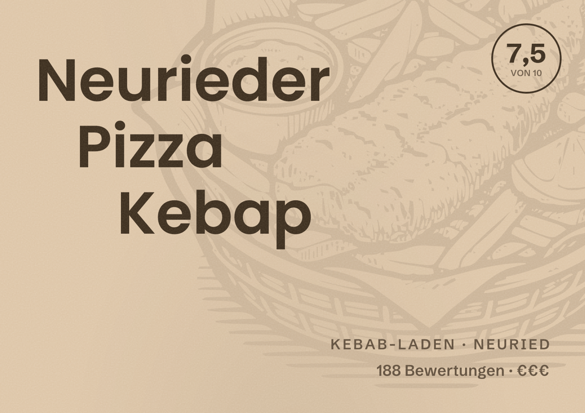 Illustriertes Poster von Neurieder Pizza Kebap, Kebab-Laden in Neuried: Bewertung 7,5 von 10 aus 188 Bewertungen, Preisniveau €€€