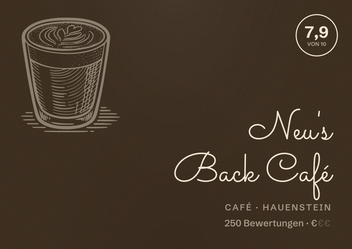 Illustriertes Poster von Neu's Back Café, Café in Hauenstein: Bewertung 7,9 von 10 aus 250 Bewertungen, Preisniveau €