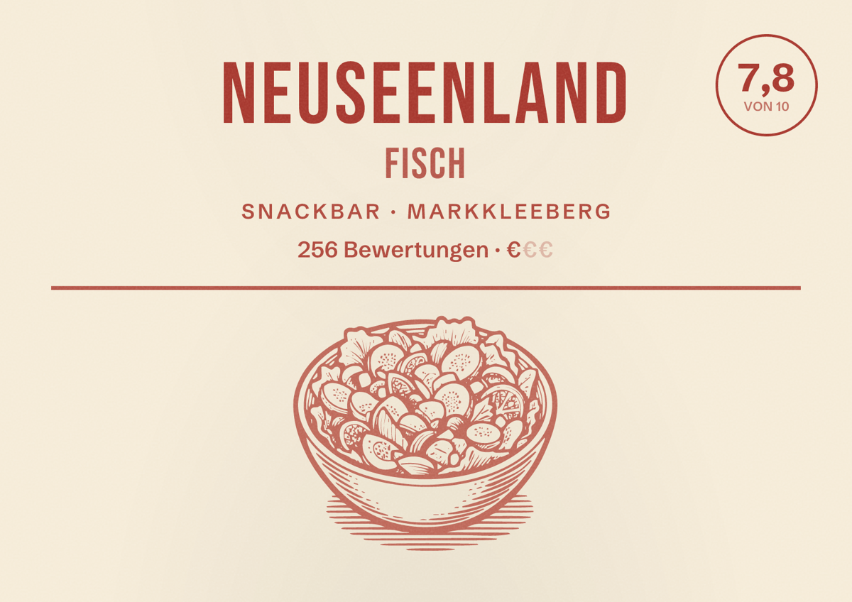 Illustriertes Poster von Neuseenland Fisch, Snackbar in Markkleeberg: Bewertung 7,8 von 10 aus 256 Bewertungen, Preisniveau €