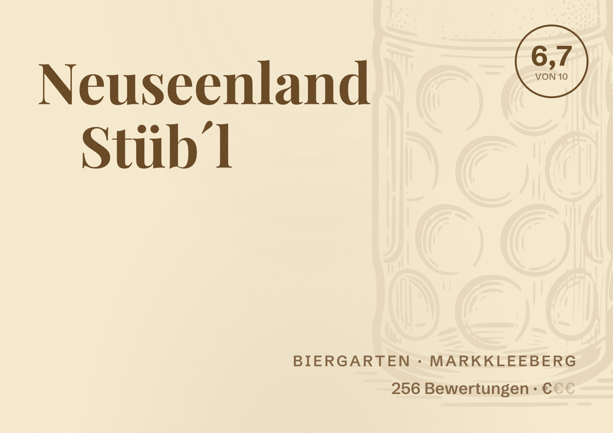 Illustriertes Poster von Neuseenland Stüb´l, Biergarten in Markkleeberg: Bewertung 6,7 von 10 aus 256 Bewertungen, Preisniveau €